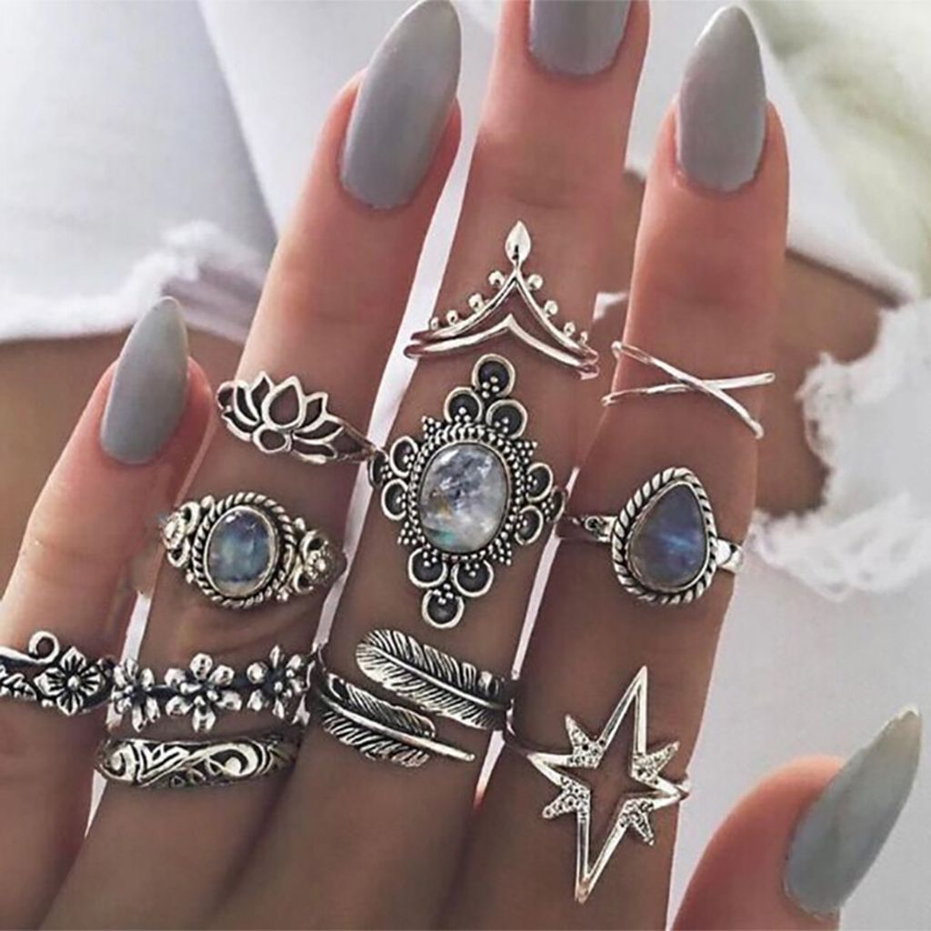 11 Teile/satz Retro Blume Geschnitzte Muster Knuckle Ringe Aushöhlen Faux Edelstein Intarsien Silber Farbe Ringe Set