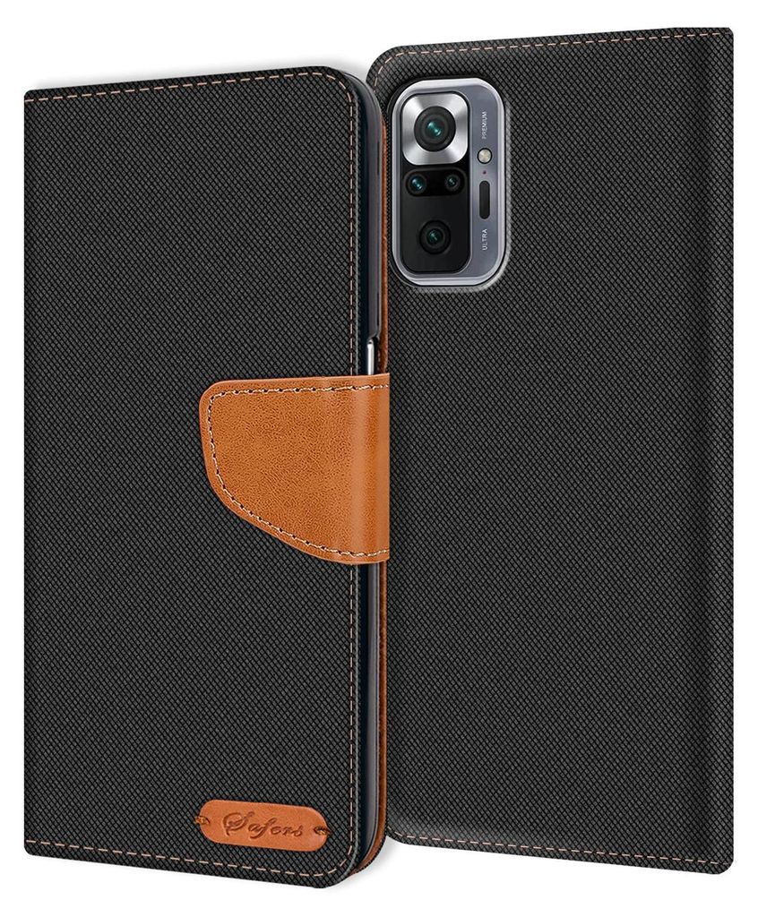 A flip case for a smartphone is shown open, revealing the phone's camera module and the inside of the case.