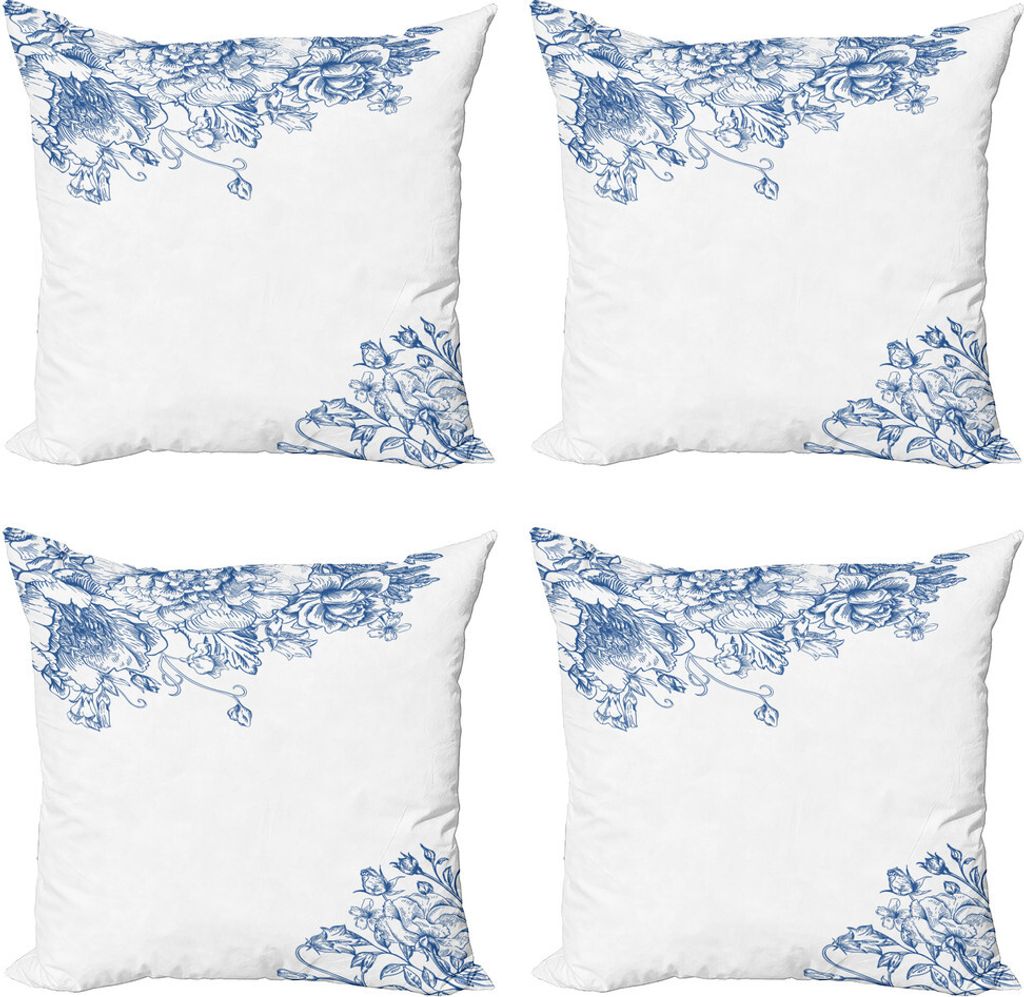 ABAKUHAUS Vintage Blue Kissenbezug Set (4 Stück), Peony Rose Buds, Moderner Doppelseitiger Digitaldruck, 50 cm x 50 cm, Kobalt-Blau und Weiß