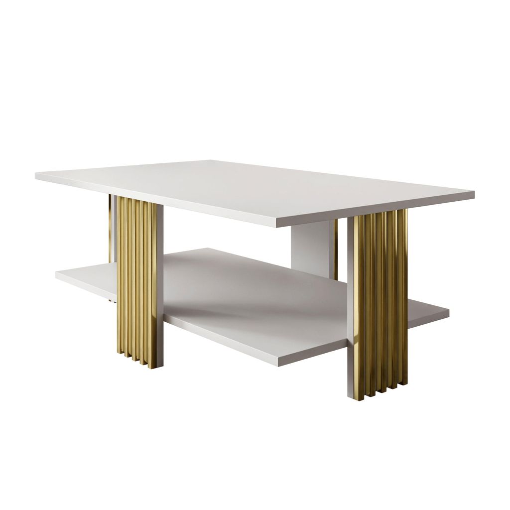 Couchtisch SAPHIRA GOLD mit Ablageboden, Weiß / Goldglanz