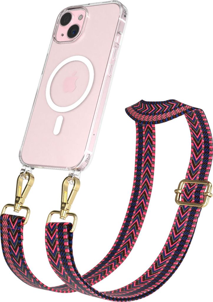 EAZY CASE - Handykette mit MagSafe Hülle für Apple iPhone 15, Handyband ZigZag Style,Karabiner Gold, Umhängeband in Pink