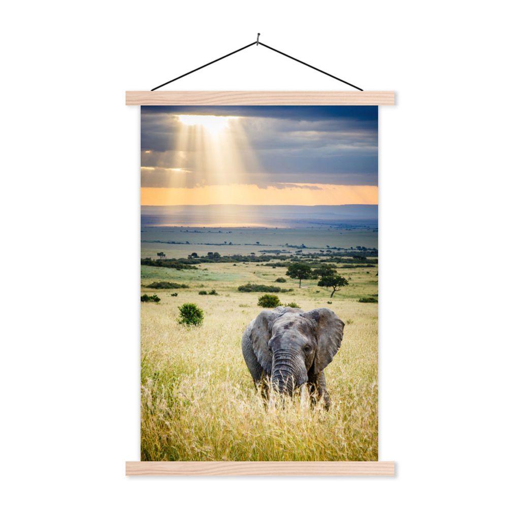 MuchoWow Textilposter Elefant - Tiere - Landschaft - Sonne - Natur 120x180 cm mit holzfarbenen Rahmen - Textil-Plakat