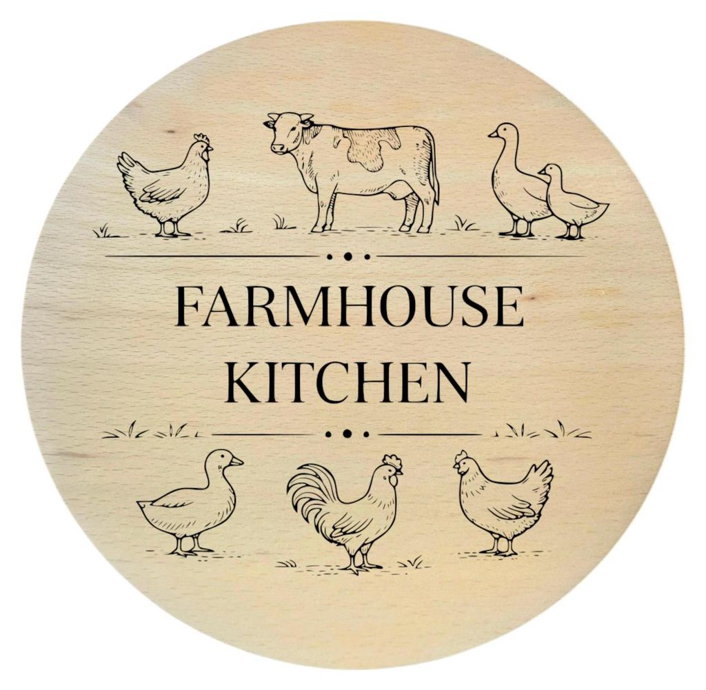 Buchenholzbrett mit Gravur FARMHOUSE KITCHEN – rustikales Servierbrett 20 cm