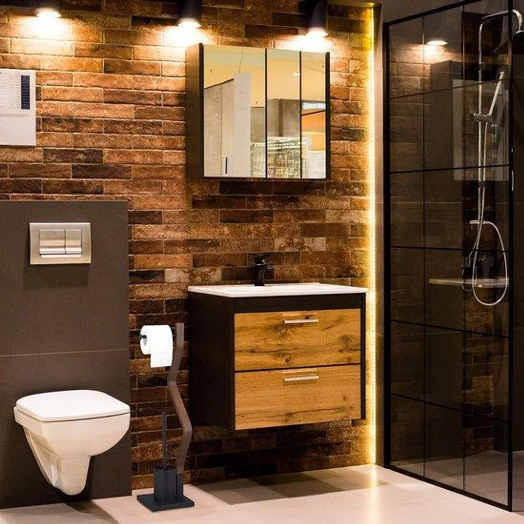 Serviteur WC complet avec porte-rouleau et brosse, design bois et acier