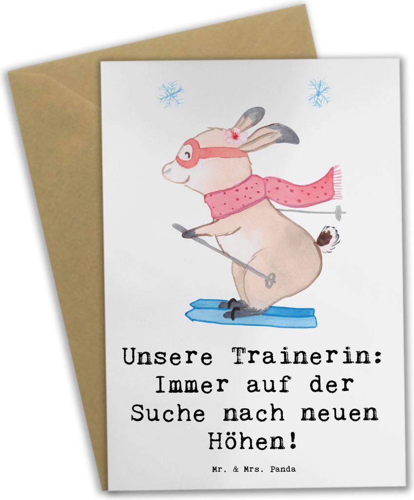 Mr. & Mrs. Panda Grußkarte Skispringen Trainerin - Weiß - Geschenk, weihnachtskarten, kommunionskarte, Wintersport Coaching, einladungskarten, Sp...