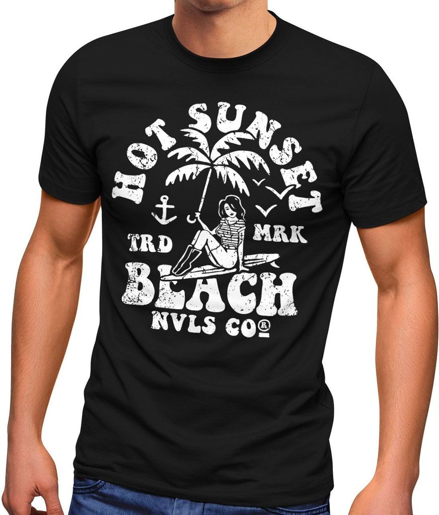 Herren T-Shirt Hot Sunset Beach Surfbord Sommer Urlaub Fashion Streetstyle Neverless schwarz M