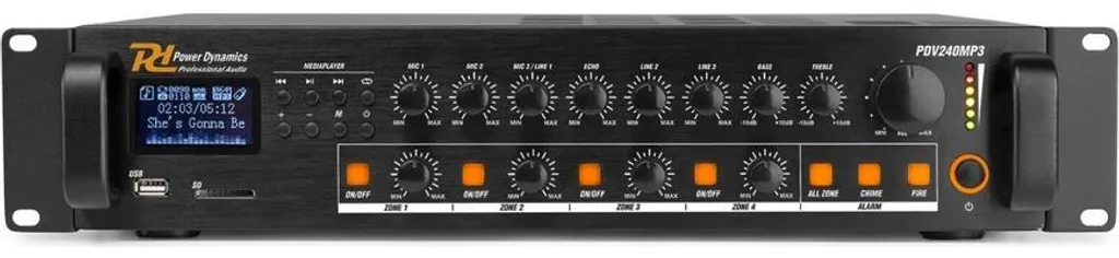 Amplificateur de Sonorisation 4 Zones 100V Noir Monacor PDV240MP3