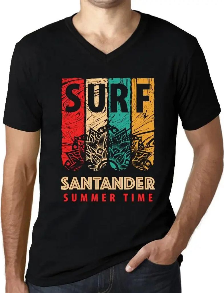 Herren Grafik T-Shirt V-Ausschnitt Sommerliches Surfen in Santander – Summer Time Surf In Santander – Öko-Verantwortlich Vintage Jahrgang Kurzarm