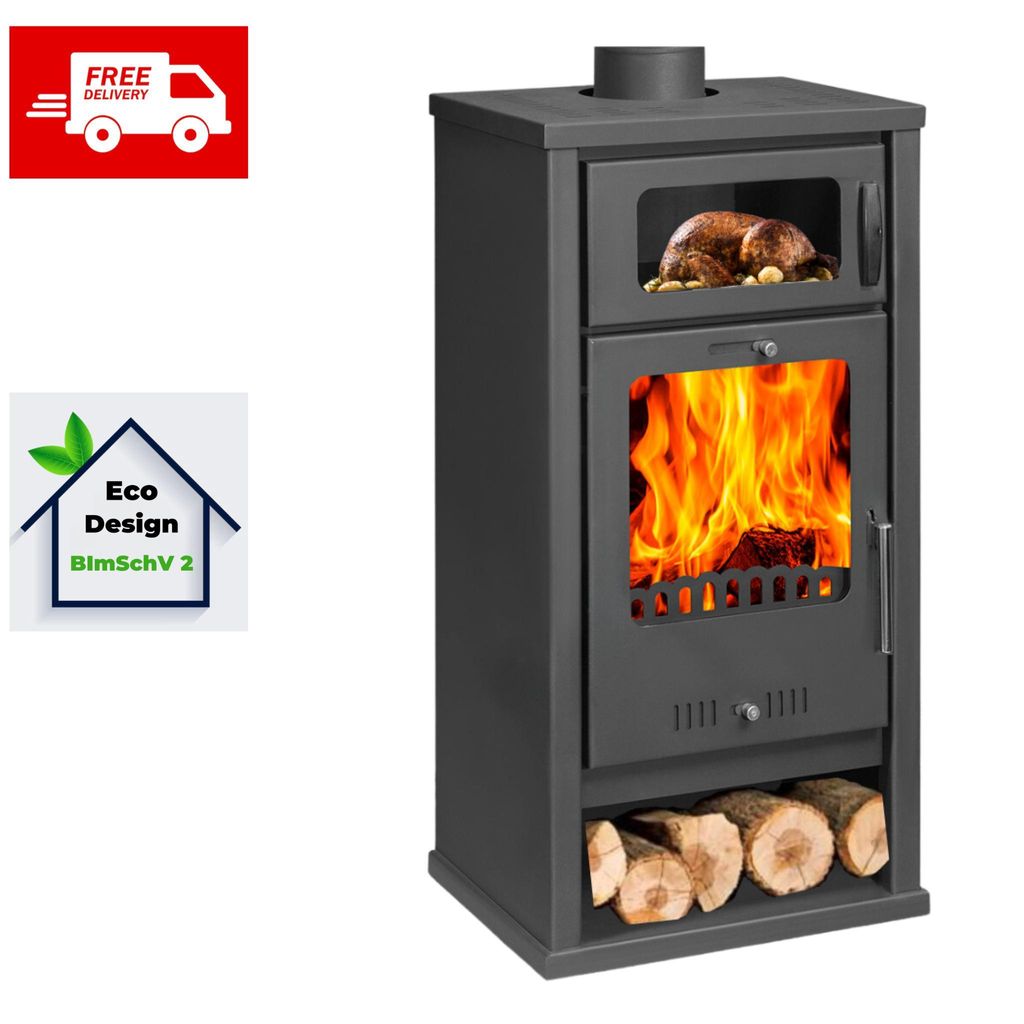 A dark gray wood-burning stove with a glass door showing flames, a smaller glass door above showing a roasted chicken, and logs stored below. There are also two promotional icons in the top left corner.