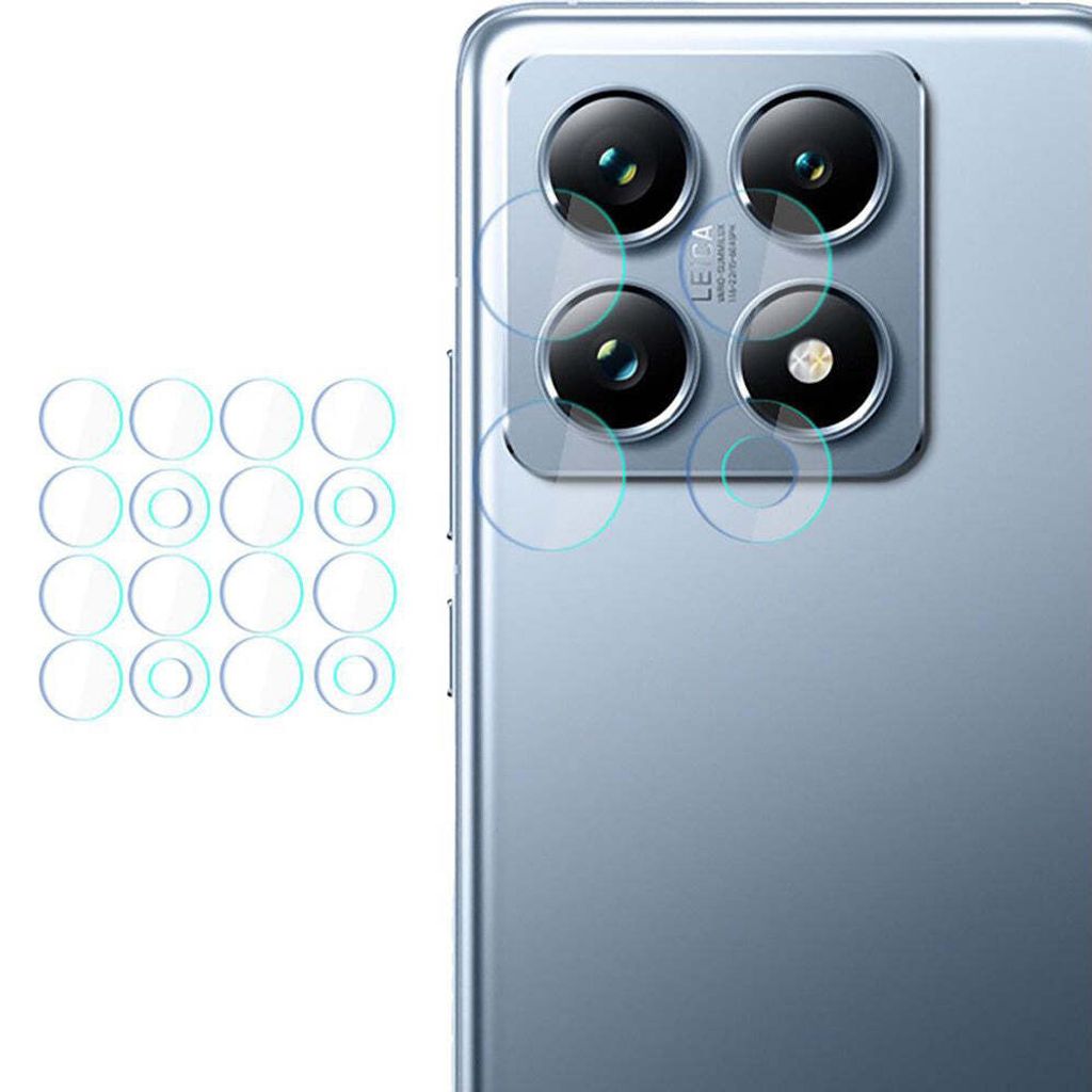 A close-up of a smartphone's camera module with lens protectors laid out next to it.