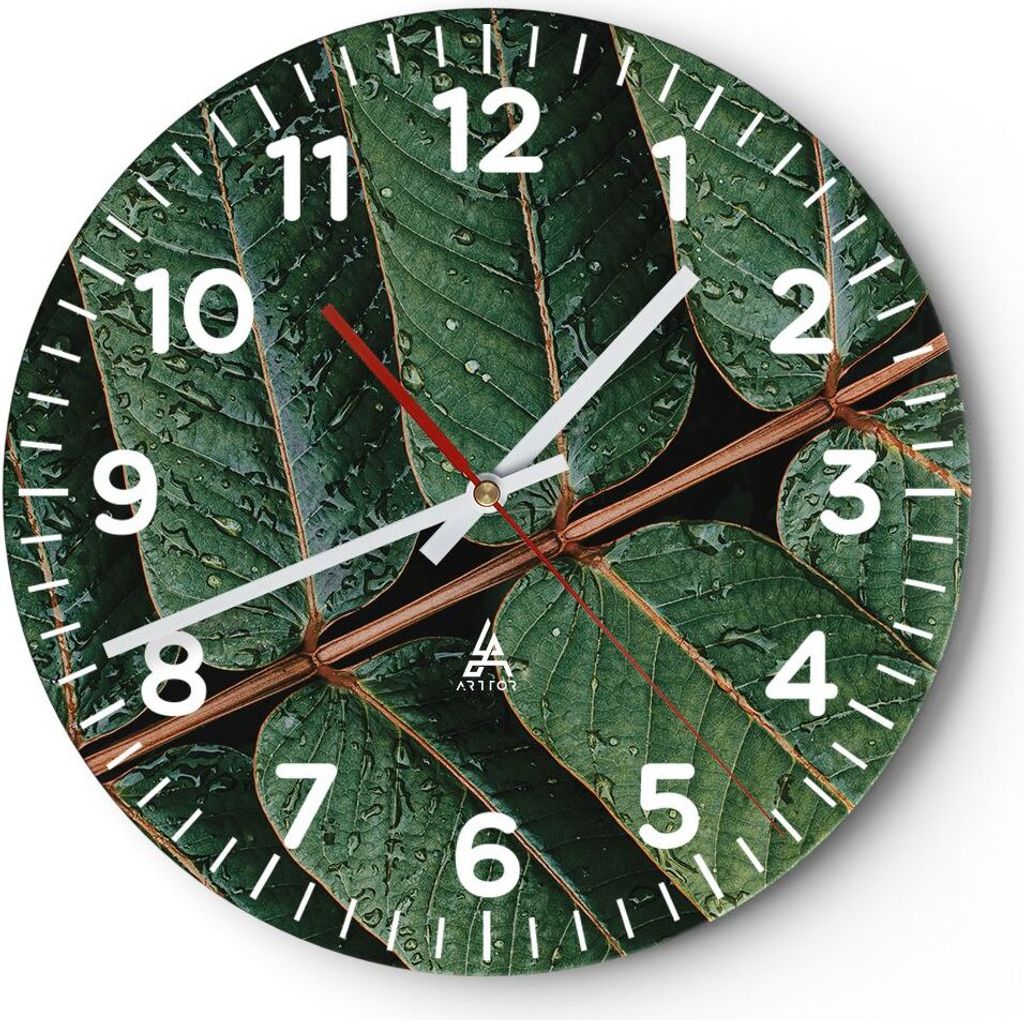 Wanduhr - Rund - Glasuhr - Tropfen Wasser Blätter - 30x30cm - Schleichendes Uhrwerk - Lautlos - zum Aufhängen bereit - Dekoration Modern - Wandde...