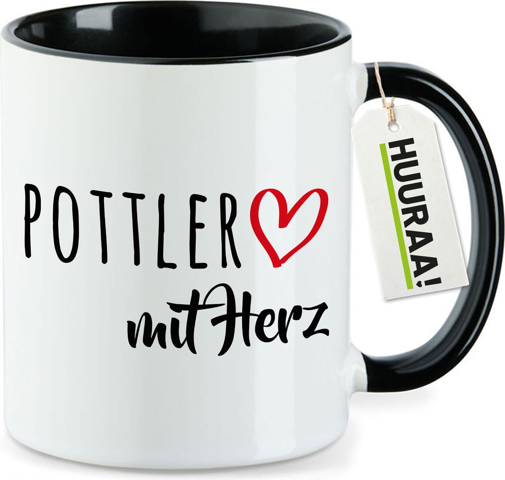 Huuraa Kaffeetasse Pottler mit Herz 330ml Schwarz Keramik Kaffeebecher Geschenkidee