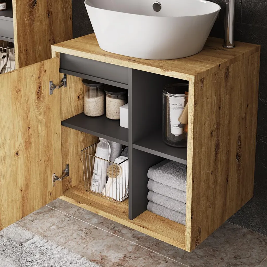 Meuble sous lavabo Viola avec étagères ouvertes bois Artisan et gris - 4