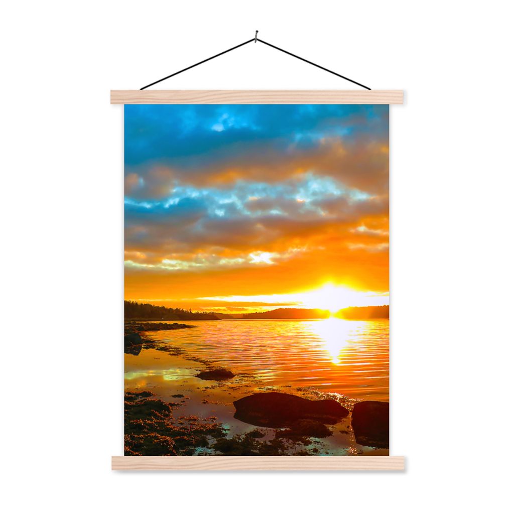 MuchoWow Textilposter Sonne - Landschaft - Wasser - Bäume 120x160 cm mit holzfarbenen Rahmen - Plakatkarton