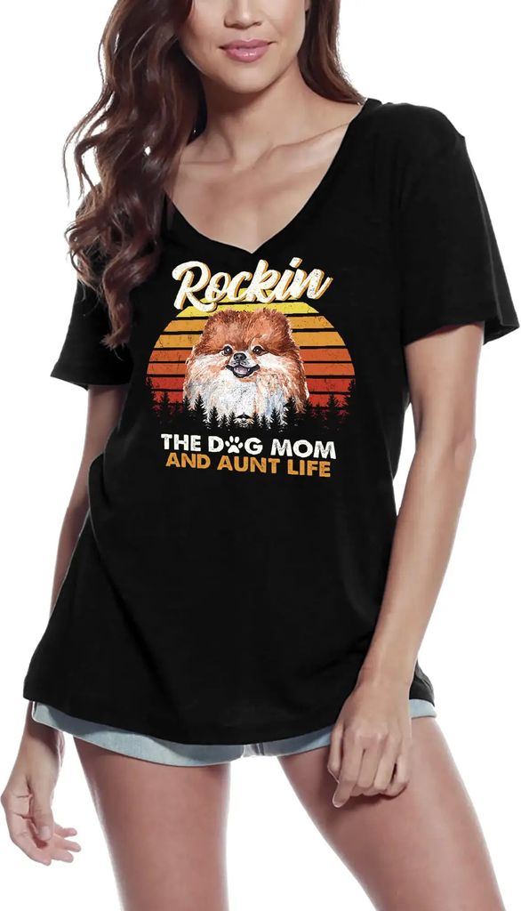 Damen Grafik T-Shirt V-Ausschnitt Rockin der Hund Mama und Tante Leben Pomeranian Hundeliebhaber – Rockin The Dog Mom And Aunt Life Pomeranian Dog