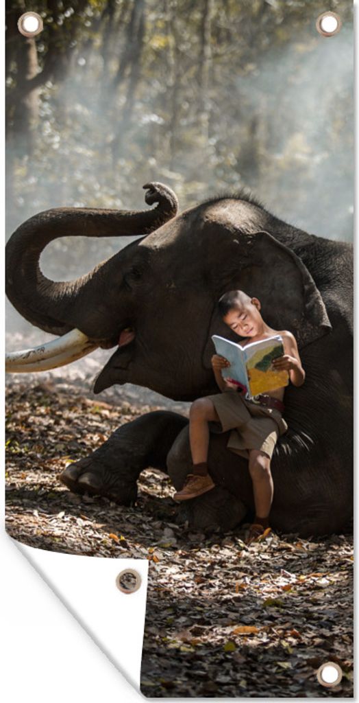 MuchoWow 40x80 cm Outdoor-Poster Gartendeko Sichtschutz Garten Poster für den Garten Elefant mit einem lesenden Kind
