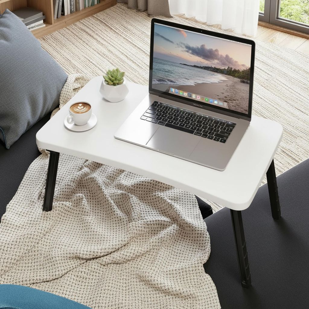 Carenza Home Laptoptisch Klappbar Weiß Holzwerkstoff Betttisch Faltbar Sofatisch Bett Sofa 59x35cm Höhe 24cm