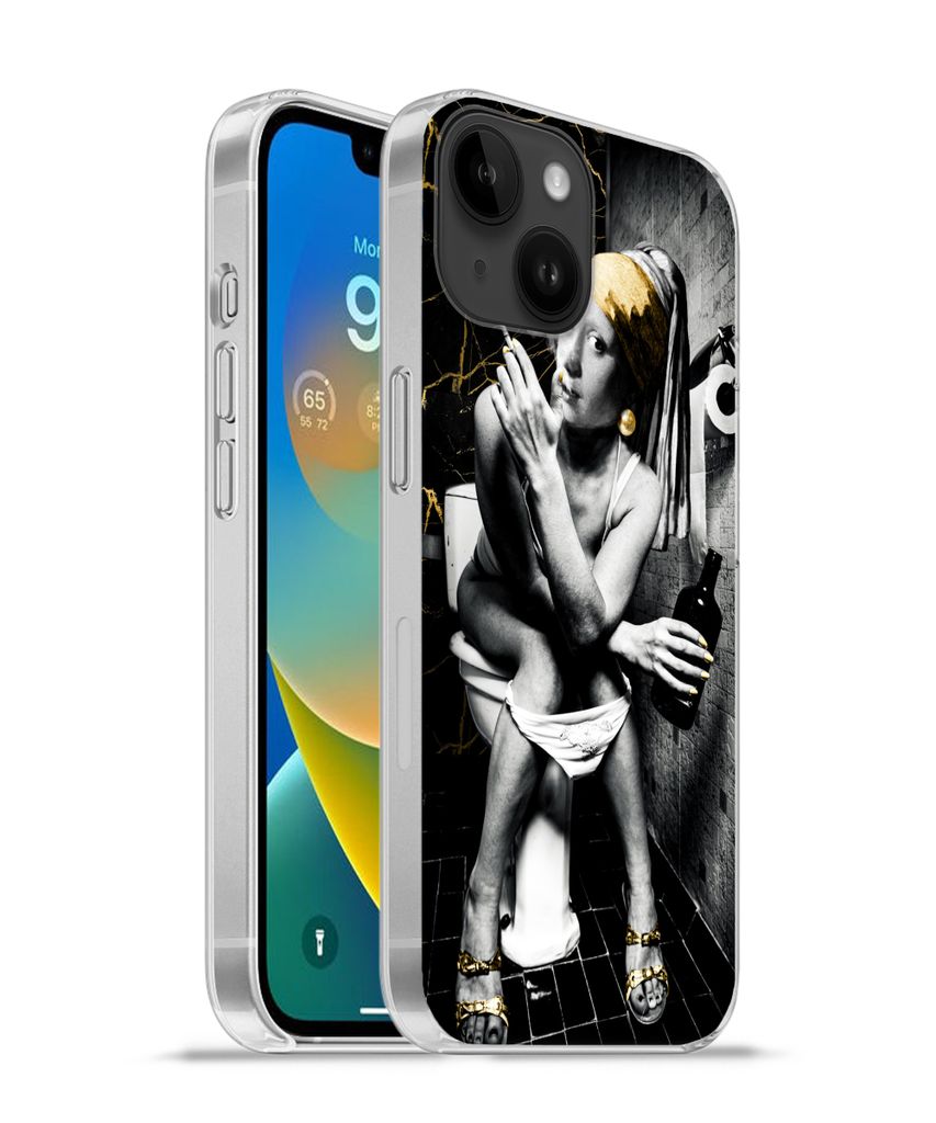 MuchoWow Handyhülle Schutzhülle Hülle für Apple iPhone 14 - Softcase Marmoroptik - Mädchen mit Perlenohrring - Zigaretten - Toilette - Gold ...