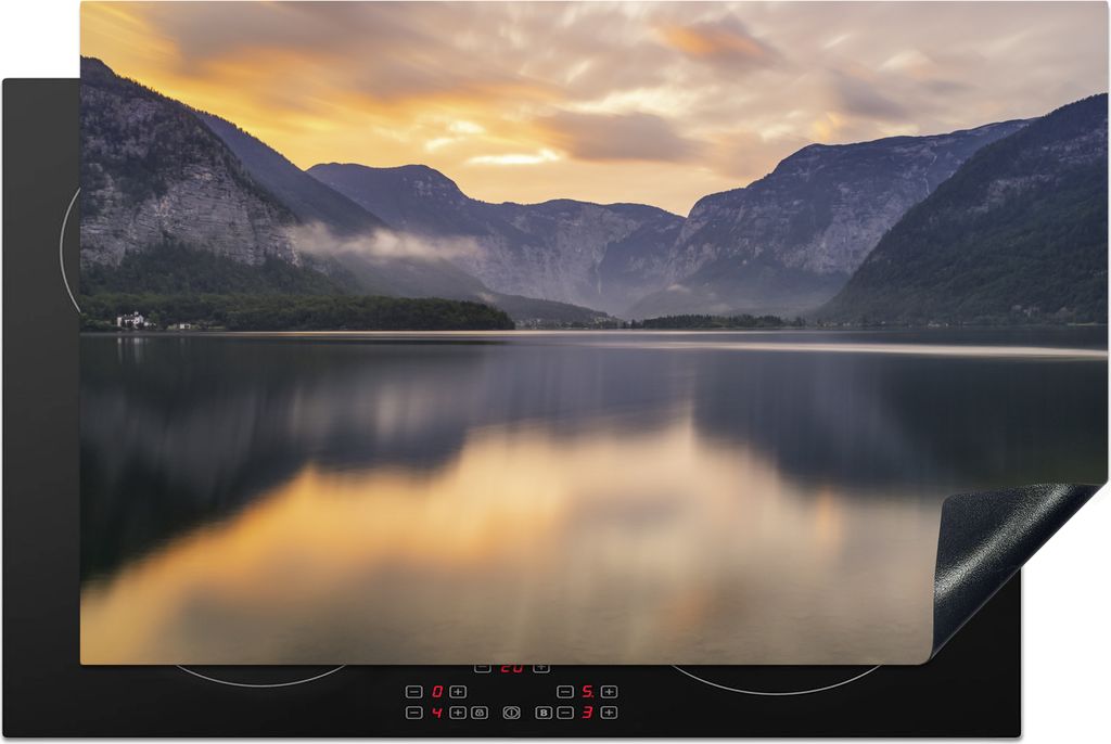 KitchenYeah Herdabdeckplatte Berge und Sonnenuntergang spiegeln sich in einem See , 81x52cm, Küche Deko, Glaskeramikfeld Herdabdeckung, Abdeckpl...
