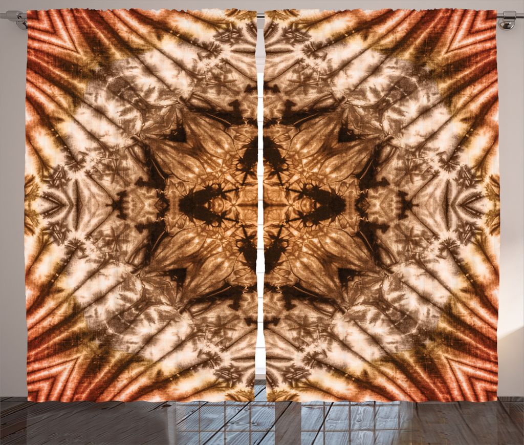 ABAKUHAUS Braun Rustikaler Gardine, Tie Dye Effekt Muster, Schlafzimmer Kräuselband Vorhang mit Schlaufen und Haken, 280 x 175 cm, Orange Braun