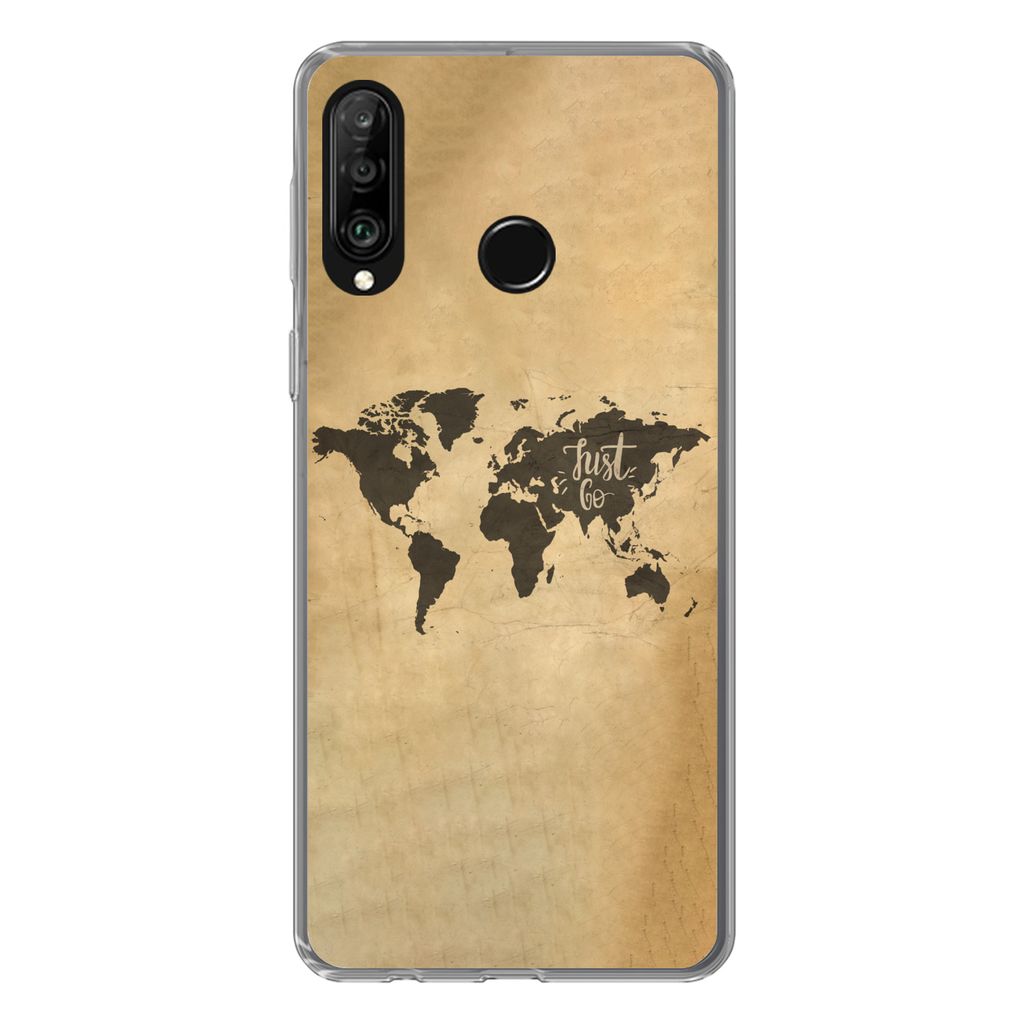 MuchoWow Handyhülle Schutzhülle Hülle für Huawei P30 Lite Weltkarte - Karte - Sprichwörter Silikon Softcase Handy Hülle - Handyhülle