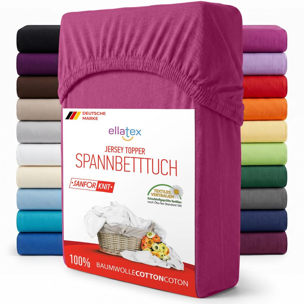 EllaTex Jersey Topper Spannbettlaken 140x200–160x200 Baumwolle – weich & atmungsaktiv, Spannbetttuch für Topper 7–12 cm, in Farbe: Pink