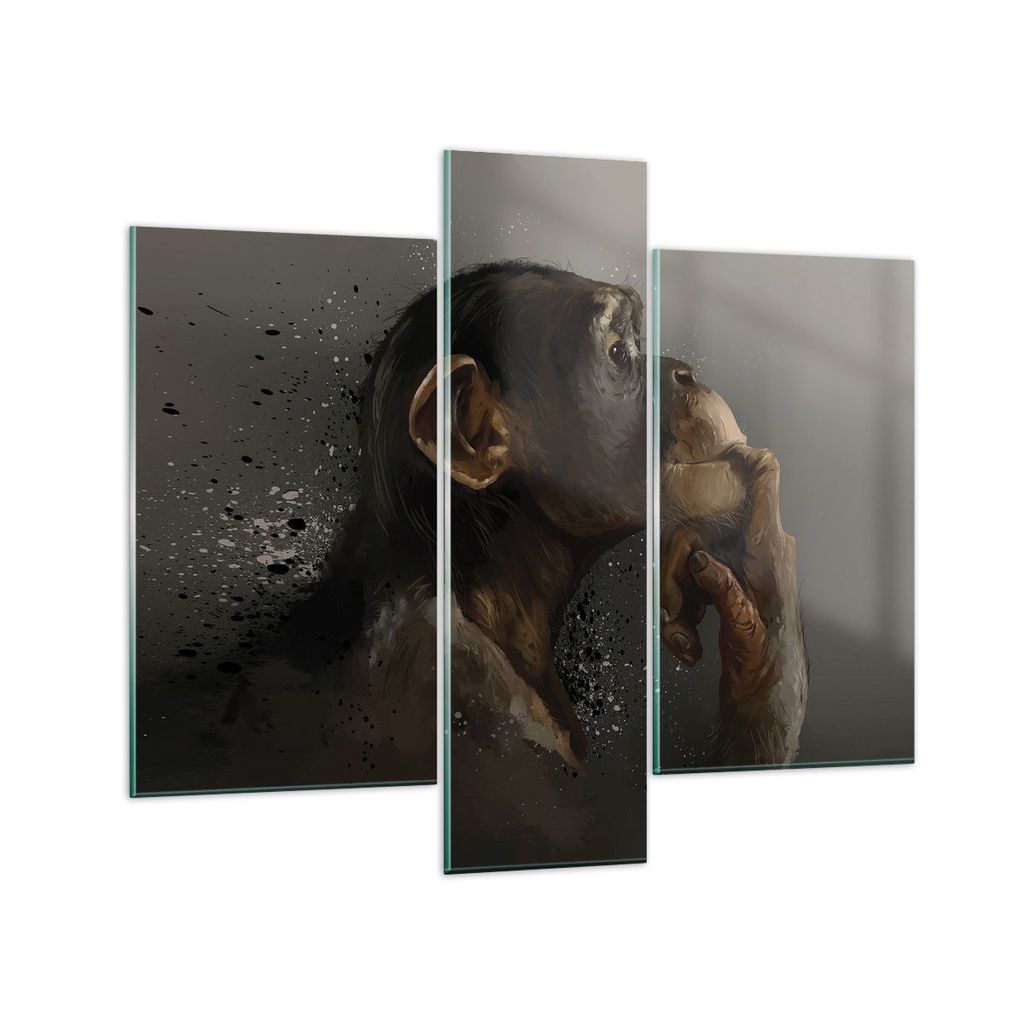 Bilder auf glas - 3 Teile - Schimpanse Porträt Grafik - 95x80cm - Glasbilder - Wandbilder - Bilder - zum Aufhängen bereit - Wanddekoration aus Gl...