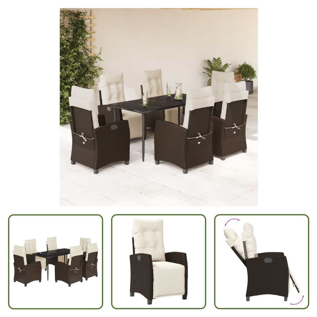 The Living Store 7-tlg. Garten-Essgruppe mit Kissen Braun Poly Rattan