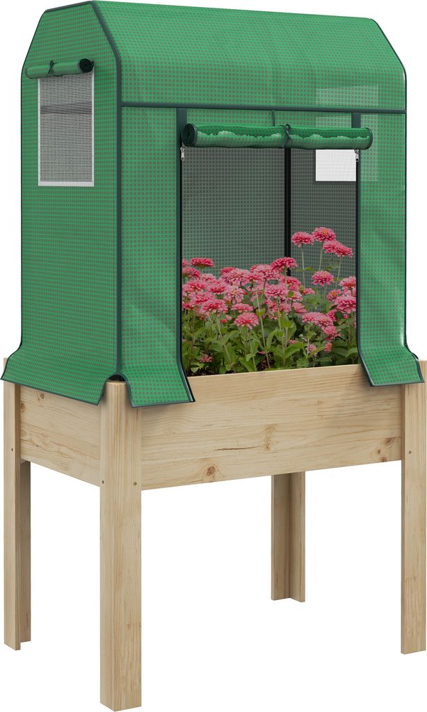 Outsunny Hochbeet aus Holz, Erhöhtes Frühbeet mit Gewächshaus, Pflanzkasten, Kräuterbeet mit Vliesstoff, Pflanzkasten für Balkon, Garten, Natu...