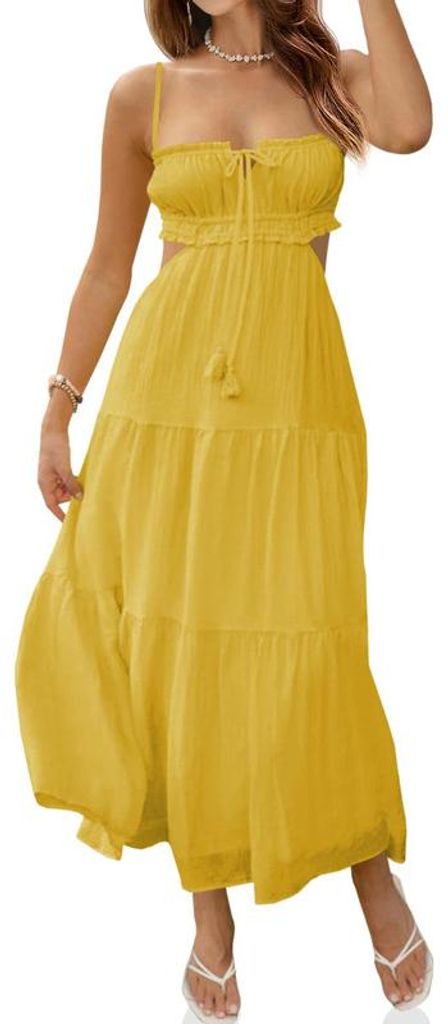 Damenkleid, langes, rückenfreies Kleid im Bohème-Stil mit Spaghettiträgern.