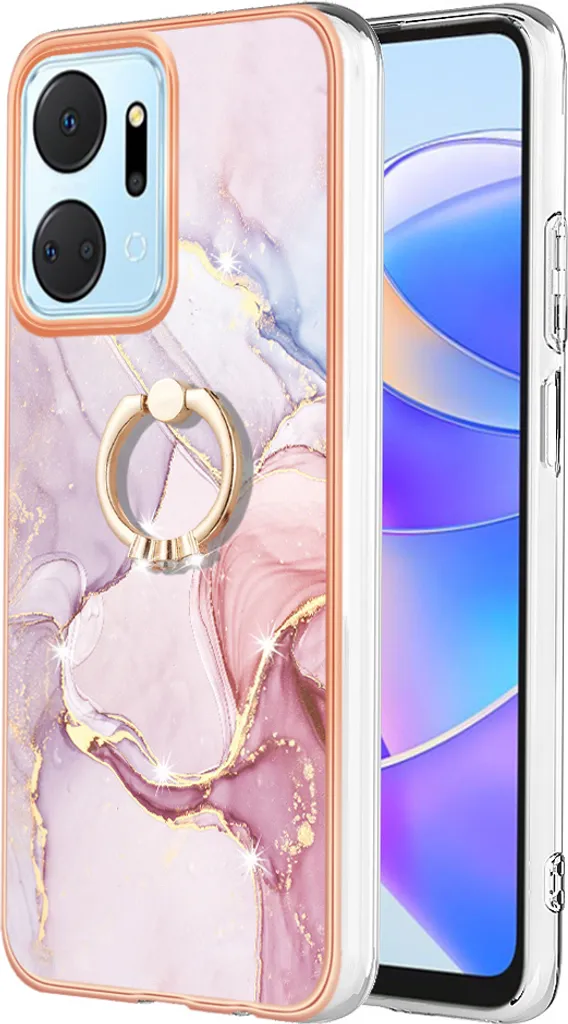 Custodia A Portafoglio Con Magnetica Per Honor X7a – Copertina In Pelle PU Con Fantasia Rosa E Nero Marmo