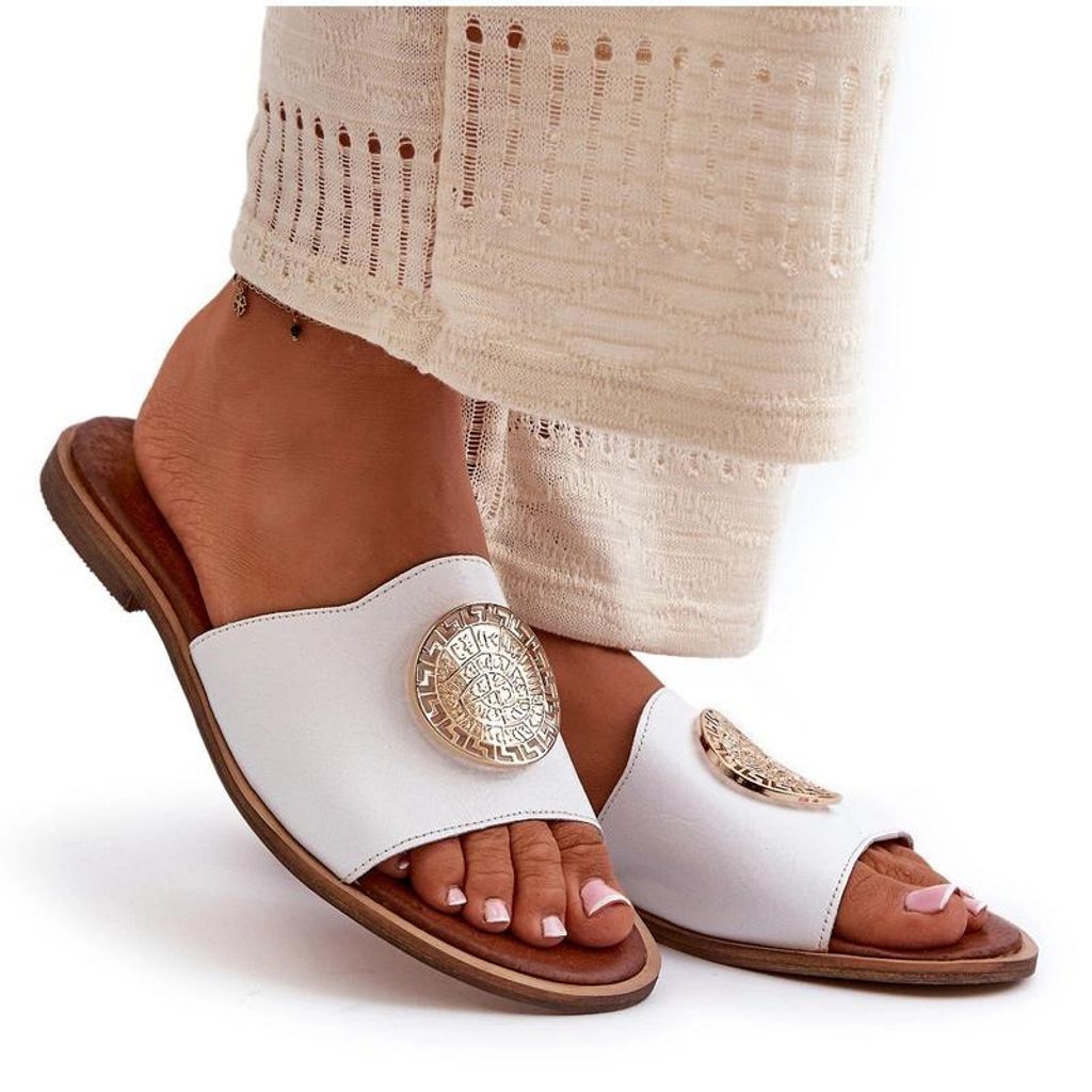 Zazoo 2938 Leder-Pantoletten Mit Flachem Absatz Und Verzierung Weiß 36