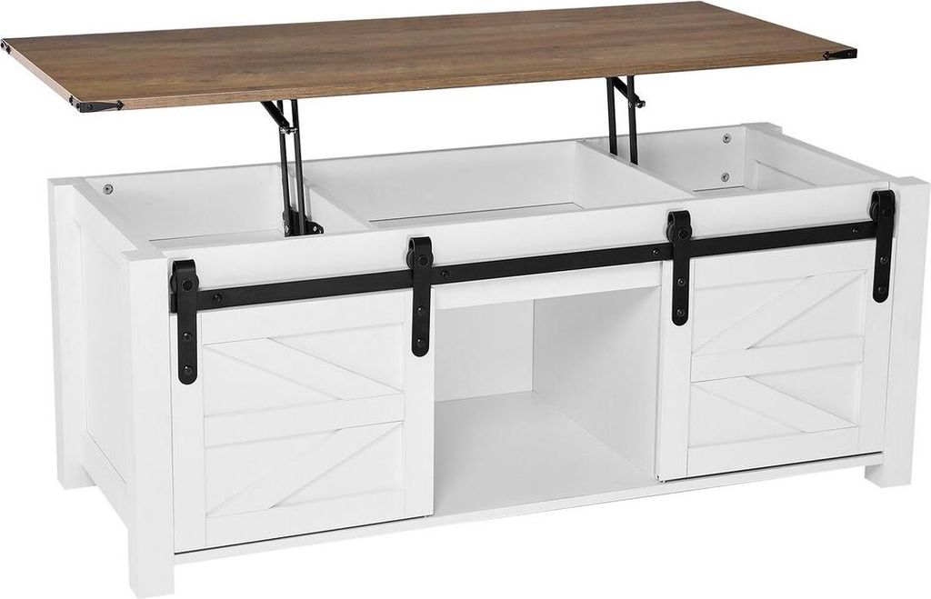 1200 mm hoher Couchtisch im Landhausstil mit klappbarer Tischplatte, rustikaler Mitteltisch mit Scheunentür und verstecktem Stauraum, moderne rech...