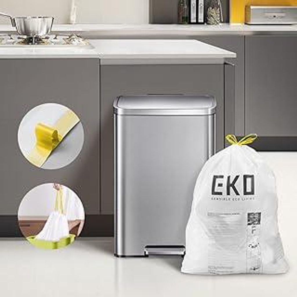 EKO reißfest Müllbeutel mit Zugband, 60 Liter Müllsäcke, 60 Beuteln, extra starken, Schnellzugriffsbox, Auslaufsicher Mülltüten für sicheren...