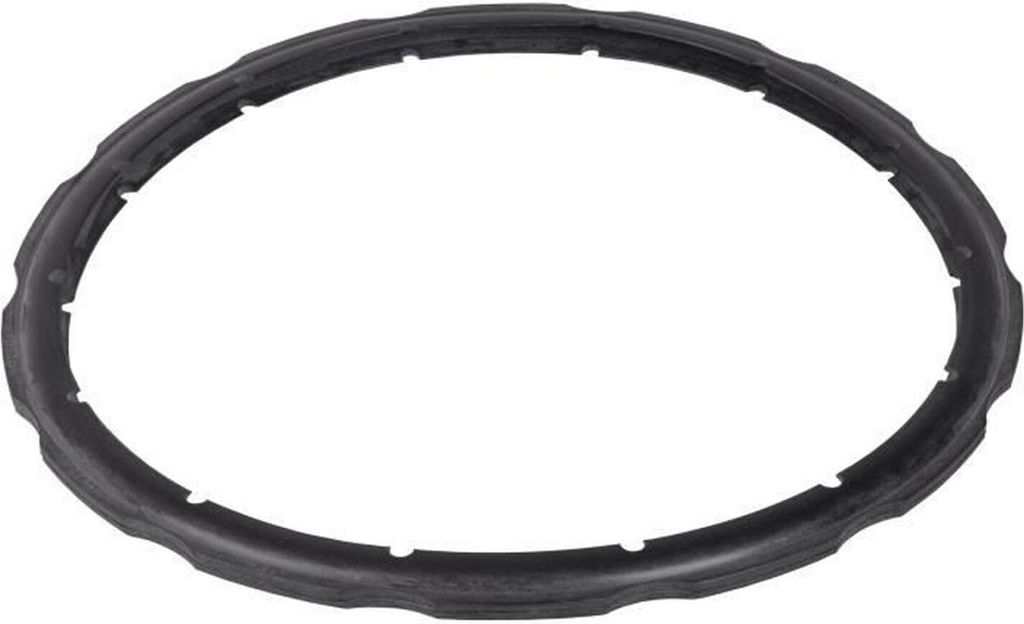 A black rubber gasket for a pressure cooker.