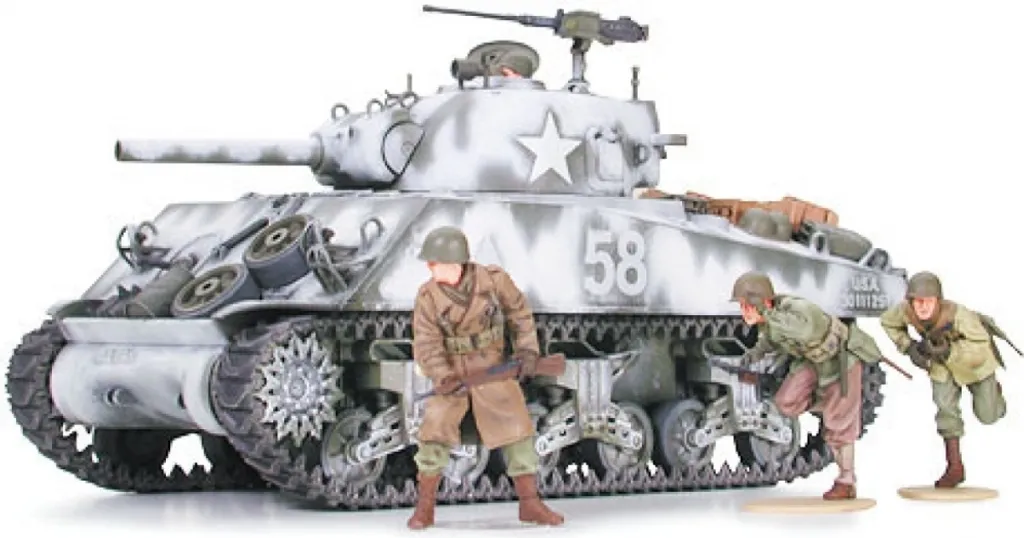 Char Sherman M4A3 105mm Tamiya avec 3 Figurines d'Infanterie 1:35