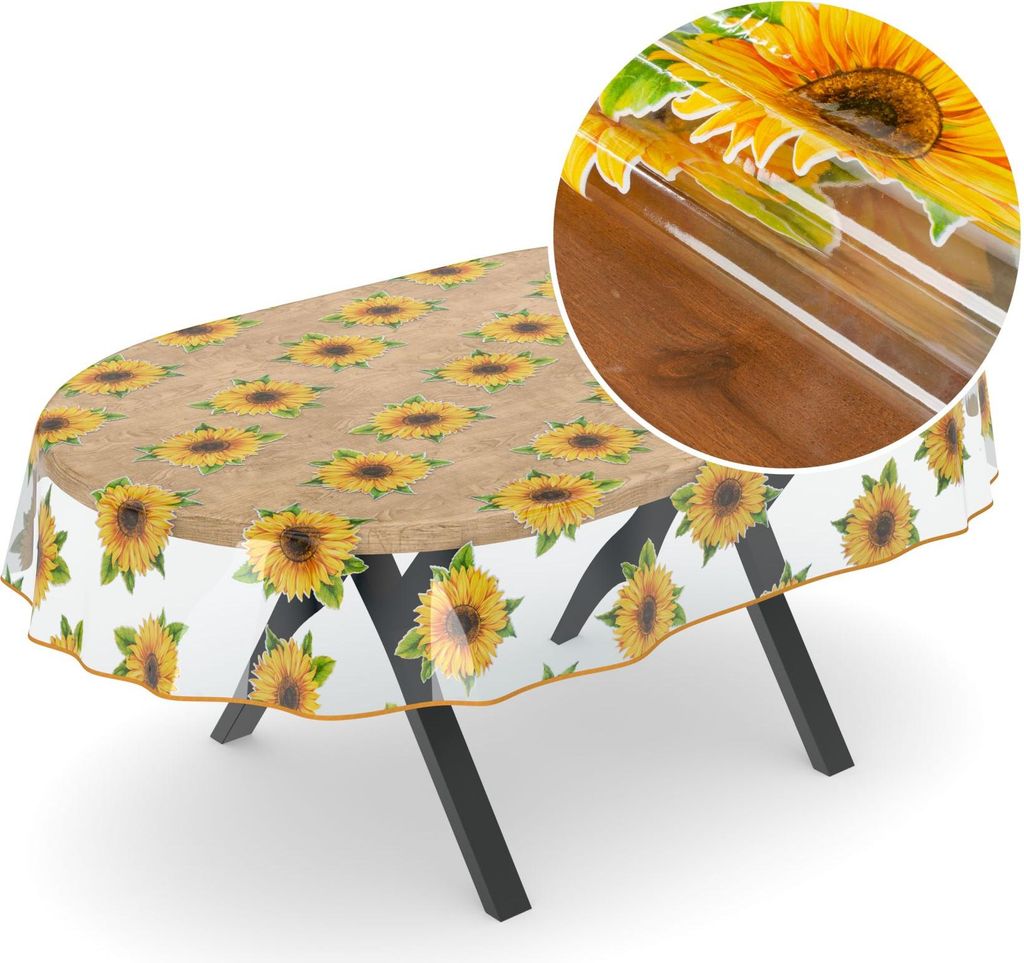 Tischdecke Klara Tischtuch Plastiktischdecke Schutzdecke Klarsichtfolie Sonnenblumen Transparent Wasserabweisend Oval Breite 140 cm Länge 320 cm m...