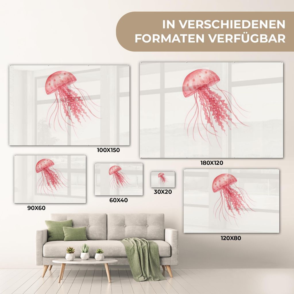MuchoWow Glasbilder - Bilder auf Wandbild - Foto auf Glas Qualle - Tentakel - Rosa 60x40 cm Wanddekoration aus Glas - Acrylglasbild - Acrylbilder -...