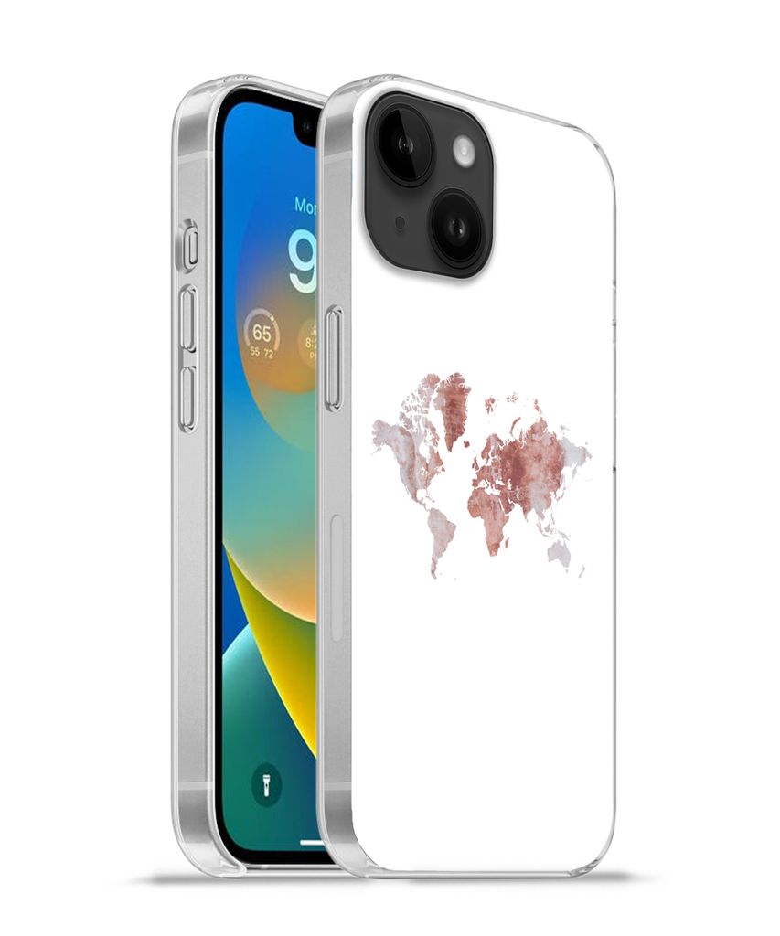 MuchoWow Handyhülle Schutzhülle Hülle für Apple iPhone 14 - Softcase Weltkarte - Rosa - Farbe Silikon Softcase Handy Hülle - Mobiltelefonhülle
