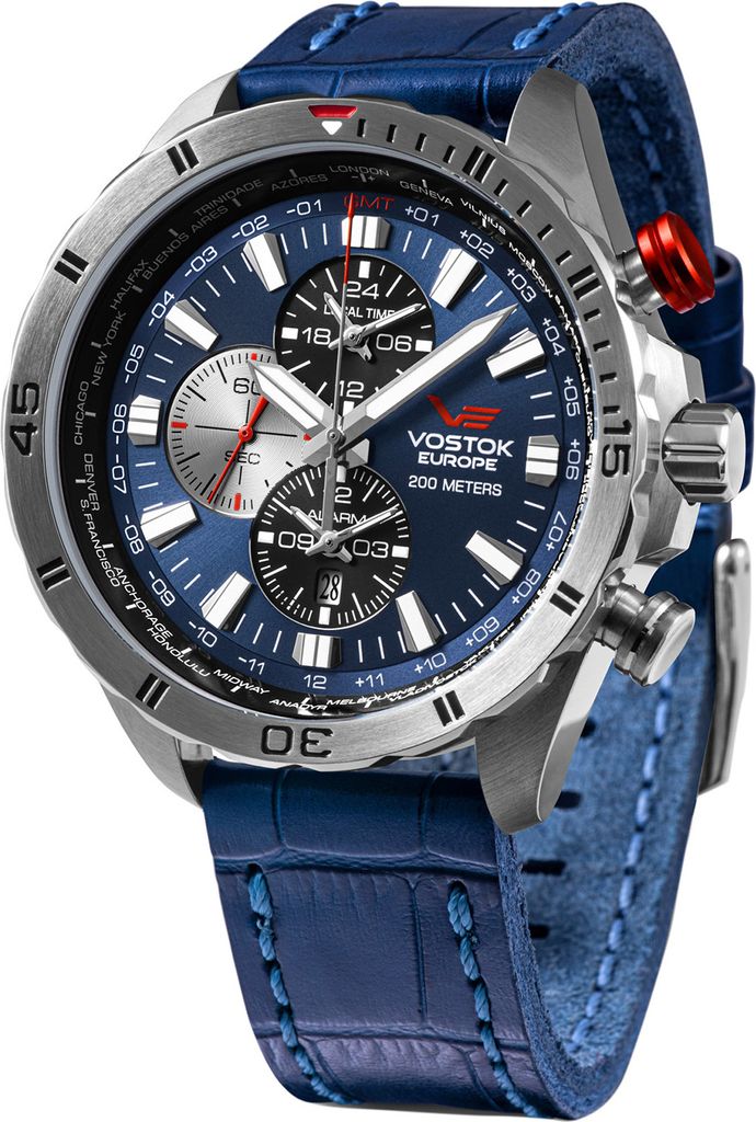 A close-up studio shot of a Vostok Europe watch with a blue dial and strap.