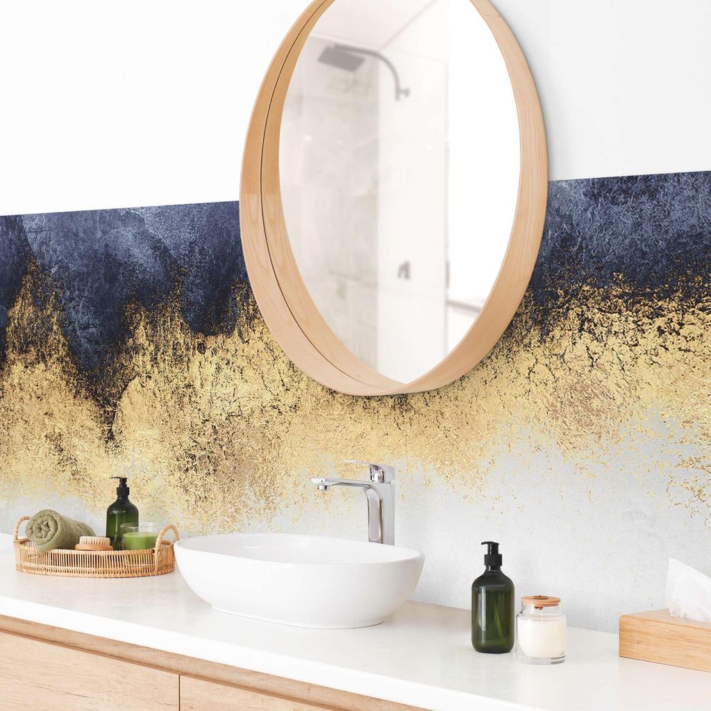 Wandverkleidung Bad originell selbstklebend - 0.35 mm Wandpaneel matt wasserfest Design gold Aquarell Abstrakt Badrückwand fugenlos 245x70 cm