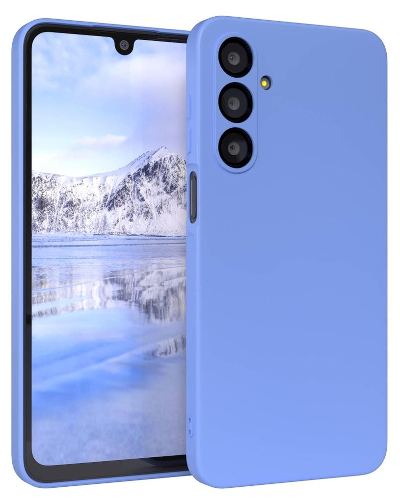 A blue phone case is shown on a phone with a snowy mountain landscape on the screen.