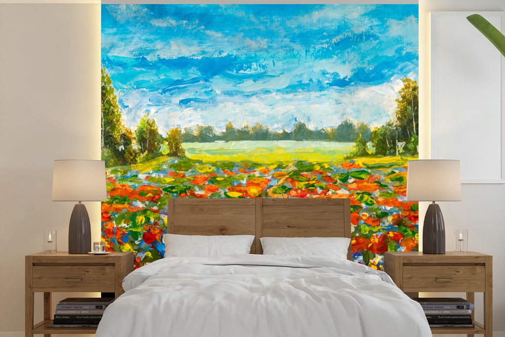 MuchoWow Fototapete für Wohnzimmer oder Schlafzimmer Wandtapete Vinyl Motivtapete Malerei - Ölfarbe - Blumen - Natur - 240x240 cm - Schlafzimme...
