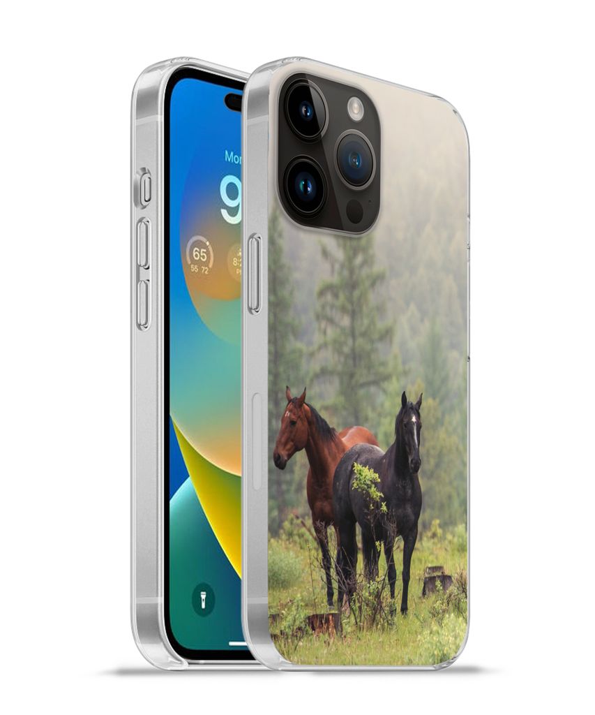 MuchoWow Handyhülle Schutzhülle Hülle für Apple iPhone 14 Pro - Softcase Pferde - Wald - Nebel Silikon Softcase Handy Hülle - Umschlag