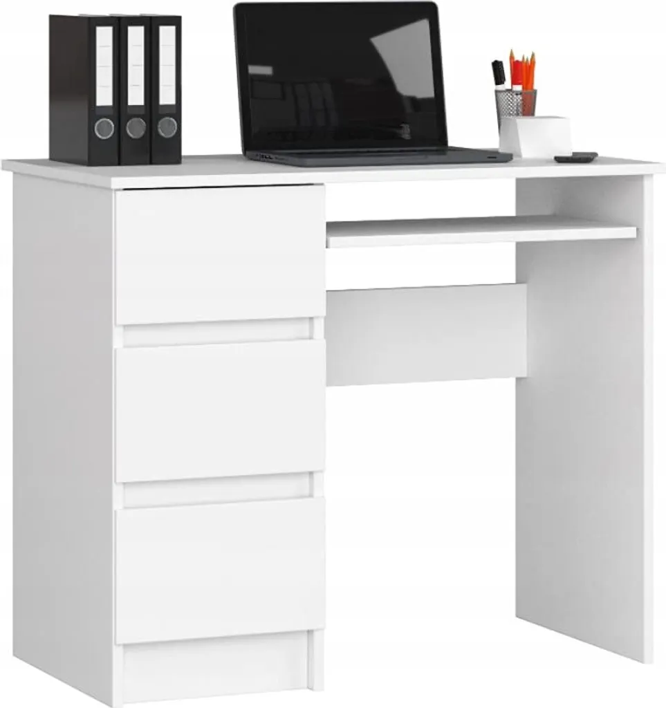 BDW, scrivania per computer con 3 cassetti, cassetto per tastiera, 90x77x50 cm, bianco (a sinistra)
