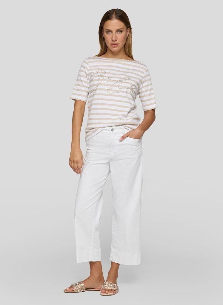 Rabe Damen T-Shirt, Rundhals, kurze Ärmel, Streifen, Strass-Schriftzug, Beige, Größe 48