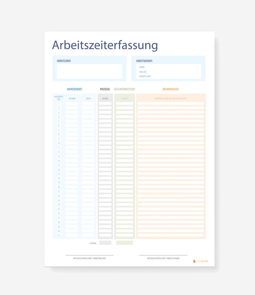 Friendly Fox Arbeitszeiterfassung, DIN A4 Block zur Dokumentation der Arbeitszeit, Stundenzettel als Arbeitszeitnachweis