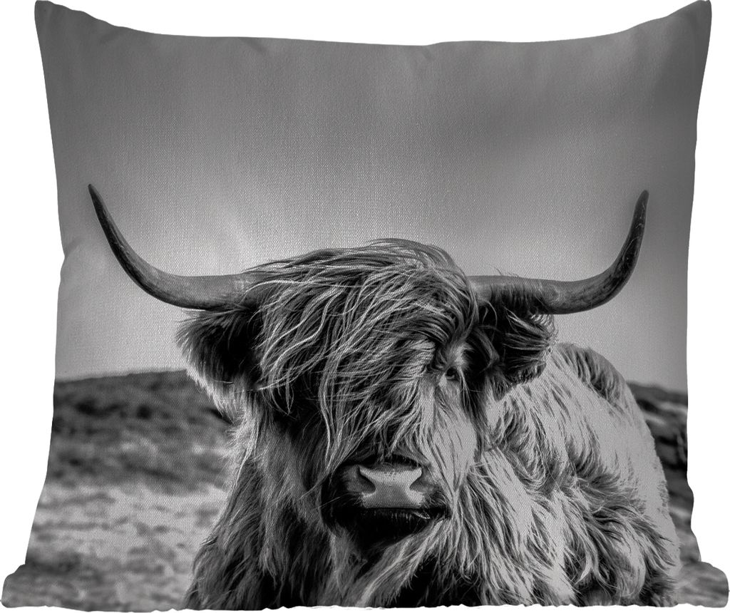 MuchoWow Outdoor Kissen - Kuh - Schottisches Hochlandrind - Schwarz - Weiß - Tier - Natur - Wildtiere - 50x50 cm - Wetterfest - Lounge Kissen - ...