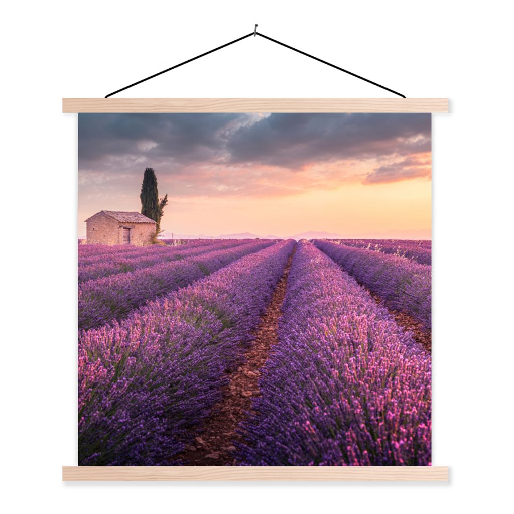 MuchoWow Textilposter Lavendel - Blumen - Lila - Feld 40x40 cm mit holzfarbenen Rahmen - Posterleiste