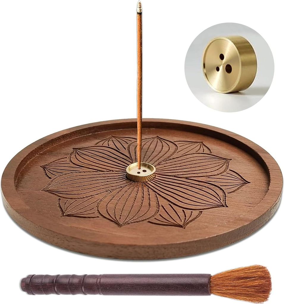 Holz-Wellness-Räucherstäbchenhalter - Zen - Reinigungsbürste - Drei Löcher - Räuchergefäß - Räucherstäbchen - Meditation - Yoga - Wohnkultur